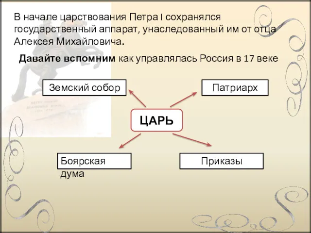 В начале царствования Петра I сохранялся государственный аппарат, унаследованный им