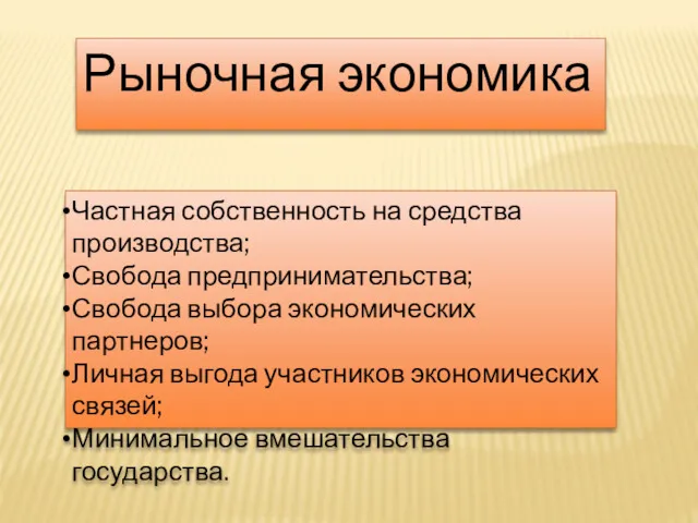 Частная собственность на средства производства; Свобода предпринимательства; Свобода выбора экономических