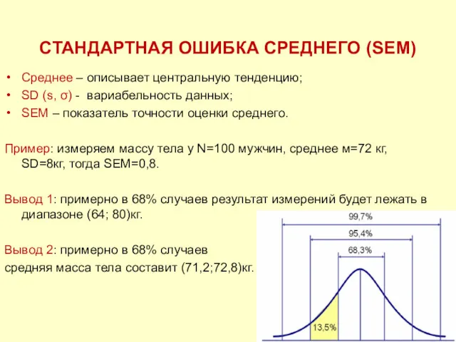 СТАНДАРТНАЯ ОШИБКА СРЕДНЕГО (SEM) Среднее – описывает центральную тенденцию; SD