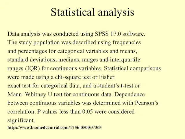 Statistical analysis Data analysis was conducted using SPSS 17.0 software.