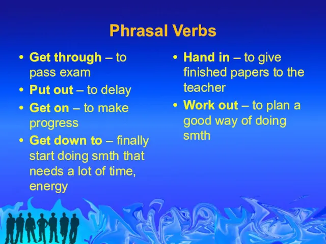 Phrasal Verbs Hand in – to give finished papers to the teacher Work