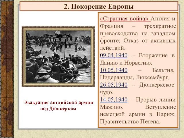 2. Покорение Европы «Странная война» Англия и Франция – трехкратное