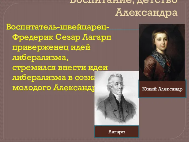 Воспитание, детство Александра Воспитатель-швейцарец-Фредерик Сезар Лагарп приверженец идей либерализма, стремился