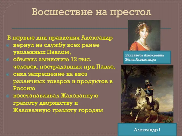 Восшествие на престол В первые дни правления Александр вернул на