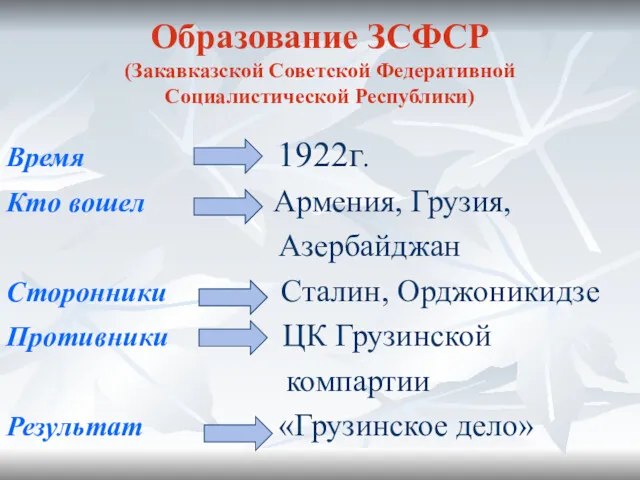 Образование ЗСФСР (Закавказской Советской Федеративной Социалистической Республики) Время 1922г. Кто