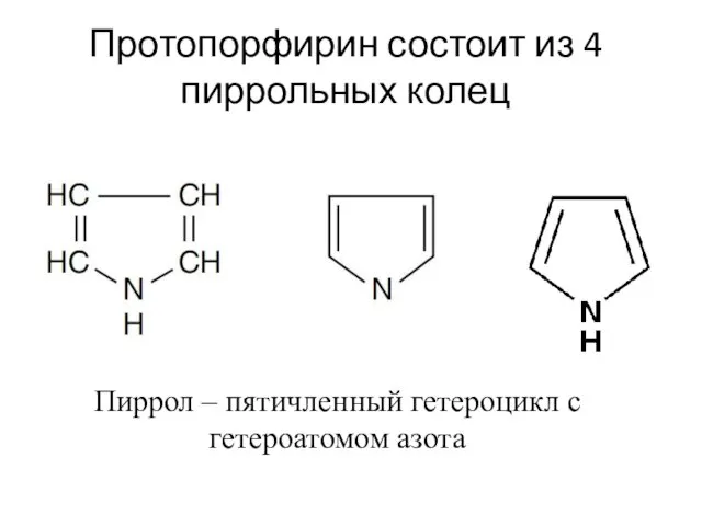 Протопорфирин состоит из 4 пиррольных колец Пиррол – пятичленный гетероцикл с гетероатомом азота