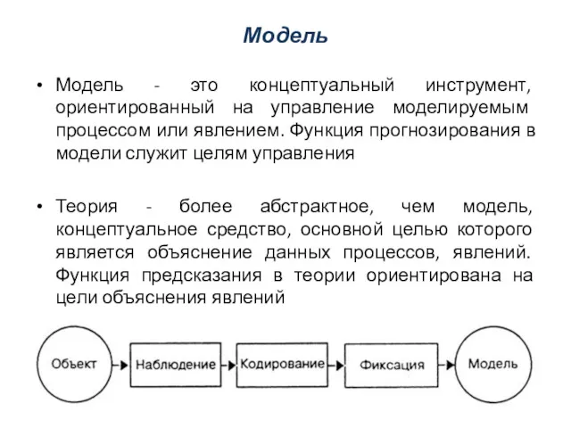 Модель Модель - это концептуальный инструмент, ориентированный на управление моделируемым