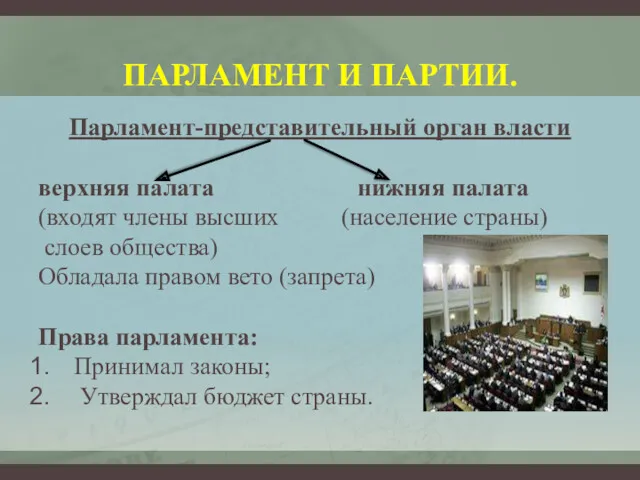 ПАРЛАМЕНТ И ПАРТИИ. Парламент-представительный орган власти верхняя палата нижняя палата