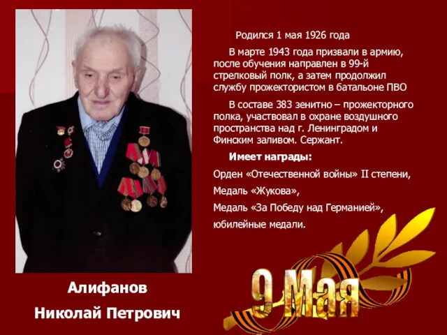 Алифанов Николай Петрович Родился 1 мая 1926 года В марте 1943 года призвали