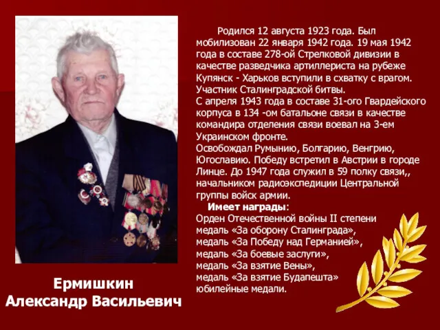 Ермишкин Александр Васильевич Родился 12 августа 1923 года. Был мобилизован 22 января 1942