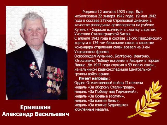 Ермишкин Александр Васильевич Родился 12 августа 1923 года. Был мобилизован