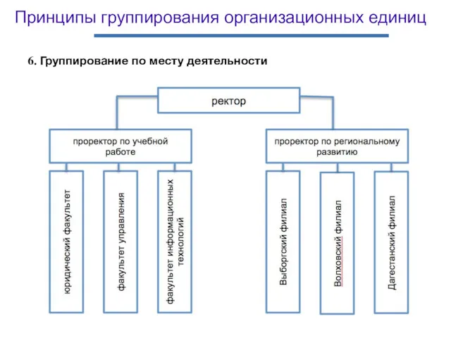 Принципы группирования организационных единиц 6. Группирование по месту деятельности