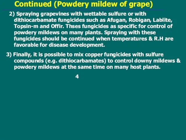 Continued (Powdery mildew of grape) 2) Spraying grapevines with wettable