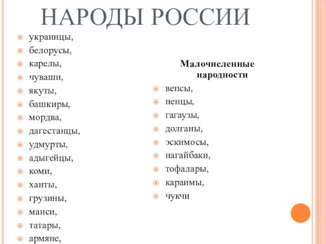 НАРОДЫ РОССИИ украинцы, белорусы, карелы, чуваши, якуты, башкиры, мордва, дагестанцы,