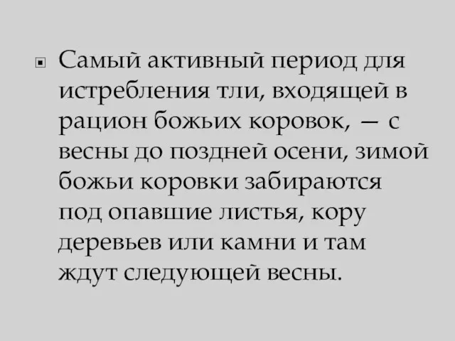 Самый активный период для истребления тли, входящей в рацион божьих