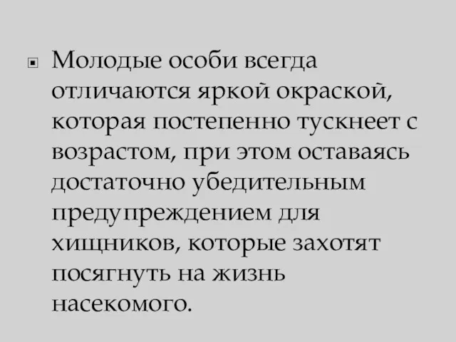 Молодые особи всегда отличаются яркой окраской, которая постепенно тускнеет с