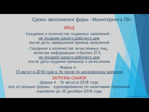 Сроки заполнения форм «Мониторинга ПК» ИАС "МОНИТОРИНГ ПК - 2018"