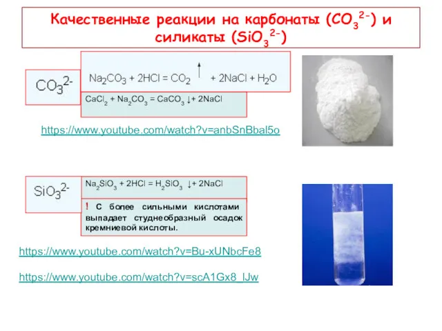 Качественные реакции на карбонаты (CО32-) и силикаты (SiО32-) Na2SiO3 +