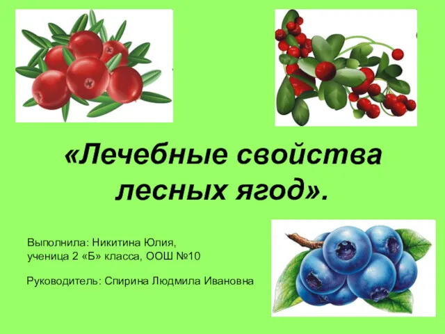 «Лечебные свойства лесных ягод». Руководитель: Спирина Людмила Ивановна Выполнила: Никитина