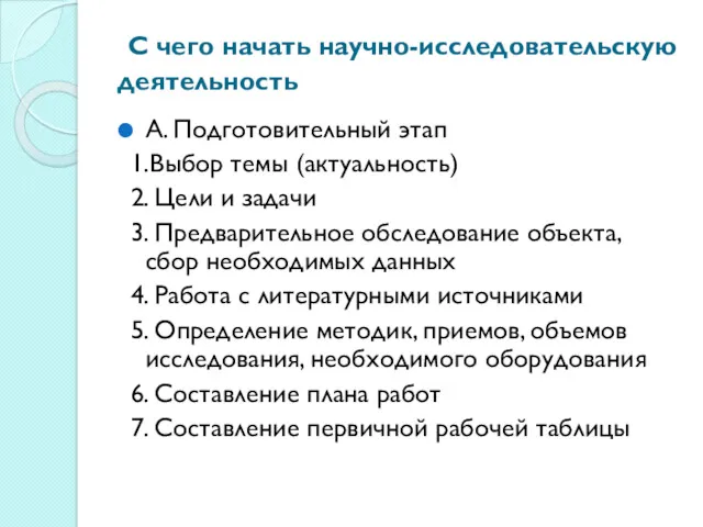 С чего начать научно-исследовательскую деятельность А. Подготовительный этап 1.Выбор темы