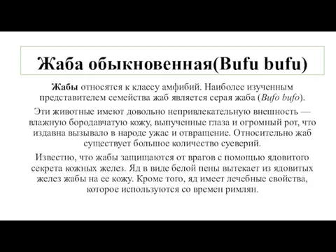Жаба обыкновенная(Bufu bufu) Жабы относятся к классу амфибий. Наиболее изученным