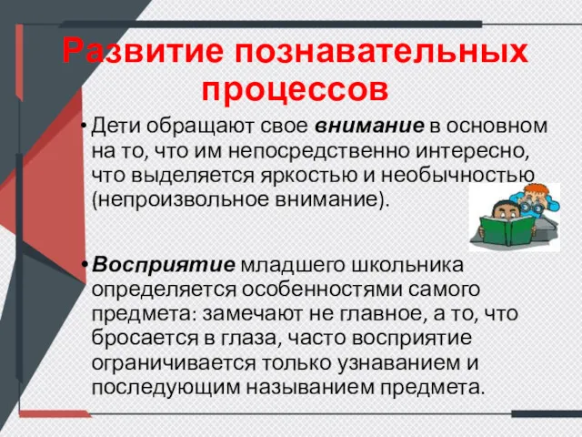 Развитие познавательных процессов Дети обращают свое внимание в основном на то, что им