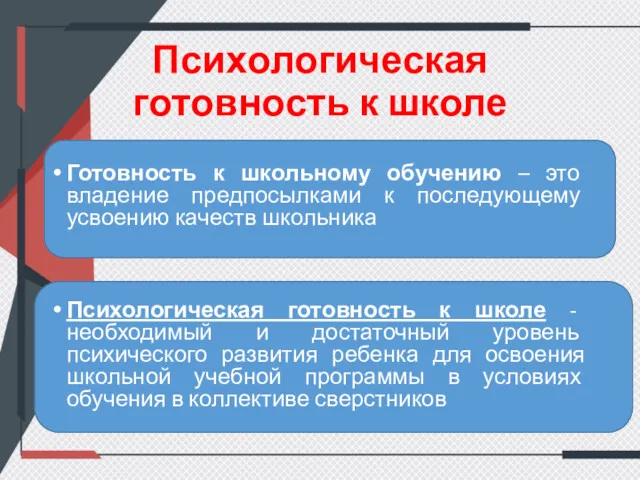 Психологическая готовность к школе Готовность к школьному обучению – это владение предпосылками к