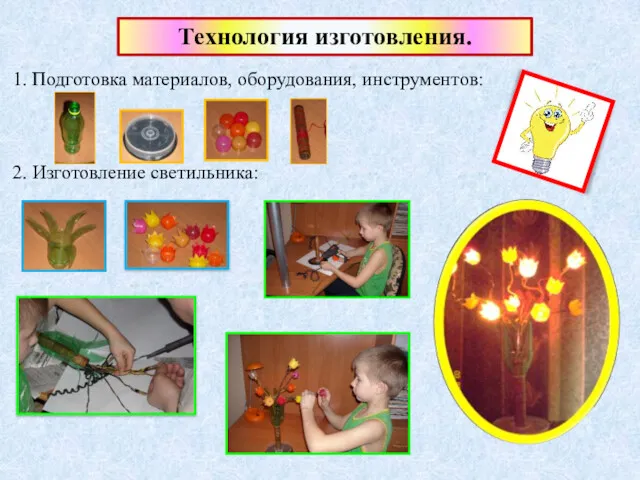 Технология изготовления. 1. Подготовка материалов, оборудования, инструментов: 2. Изготовление светильника: