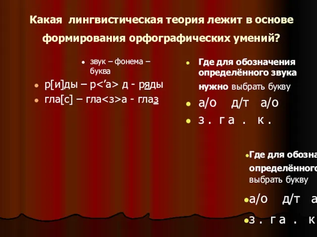 Какая лингвистическая теория лежит в основе формирования орфографических умений? звук