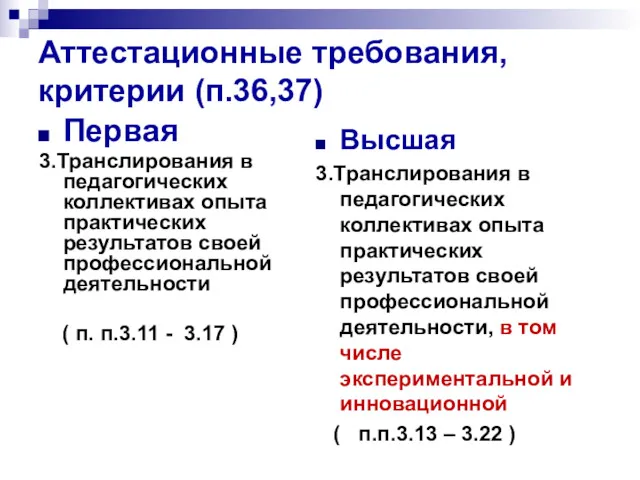 Аттестационные требования, критерии (п.36,37) Первая 3.Транслирования в педагогических коллективах опыта