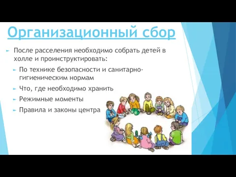 Организационный сбор После расселения необходимо собрать детей в холле и