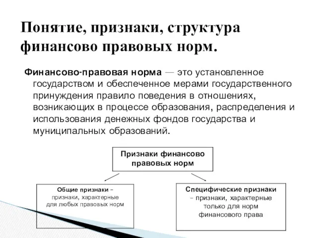 Финансово-правовая норма — это установленное государством и обеспеченное мерами государственного