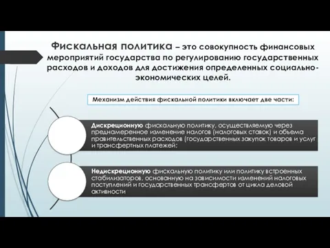 Фискальная политика – это совокупность финансовых мероприятий государства по регулированию