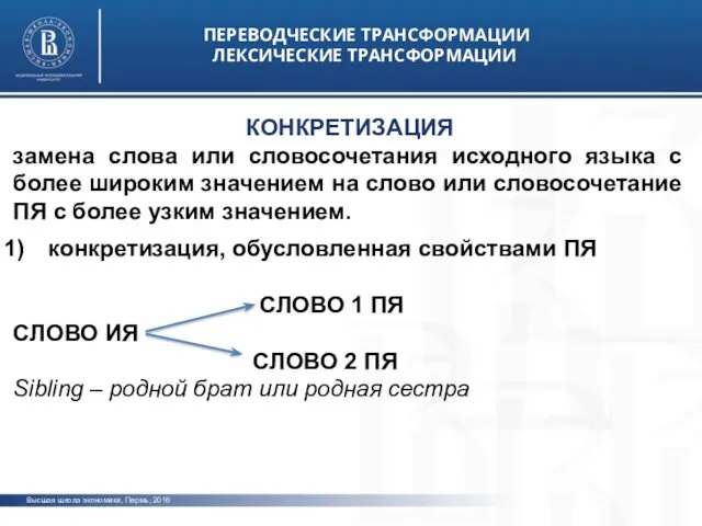 Высшая школа экономики, Пермь, 2016 ПЕРЕВОДЧЕСКИЕ ТРАНСФОРМАЦИИ ЛЕКСИЧЕСКИЕ ТРАНСФОРМАЦИИ фото