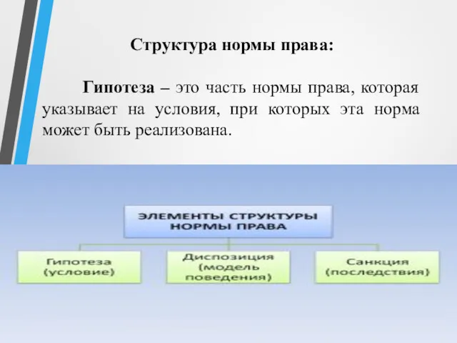 Структура нормы права: Гипотеза – это часть нормы права, которая указывает на условия,