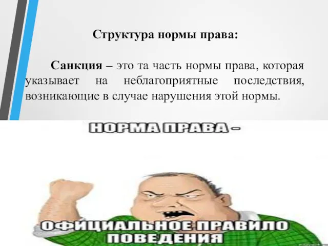 Структура нормы права: Санкция – это та часть нормы права, которая указывает на