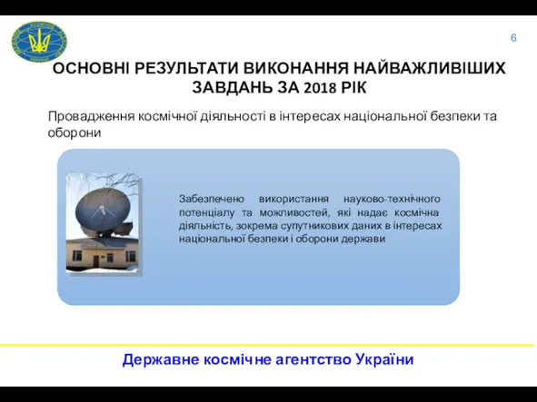 ОСНОВНІ РЕЗУЛЬТАТИ ВИКОНАННЯ НАЙВАЖЛИВІШИХ ЗАВДАНЬ ЗА 2018 РІК Провадження космічної