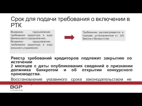 Срок для подачи требования о включении в РТК Реестр требований