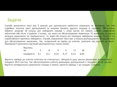 Задача Служба замовлення таксі має 5 каналів для одночасного прийняття