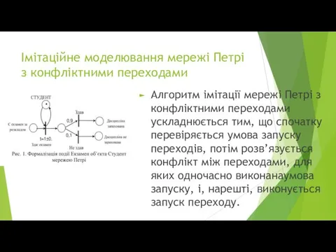 Імітаційне моделювання мережі Петрі з конфліктними переходами Алгоритм імітації мережі