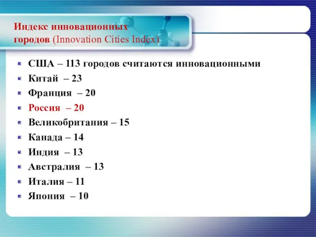 Индекс инновационных городов (Innovation Cities Index) США – 113 городов