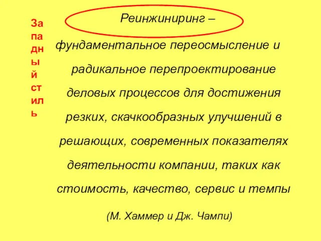 Реинжиниринг – фундаментальное переосмысление и радикальное перепроектирование деловых процессов для