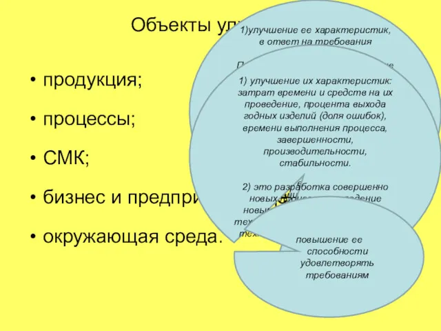 Объекты улучшения: продукция; процессы; СМК; бизнес и предприятие в целом;