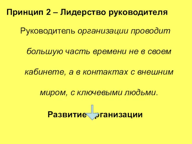 Принцип 2 – Лидерство руководителя Руководитель организации проводит большую часть