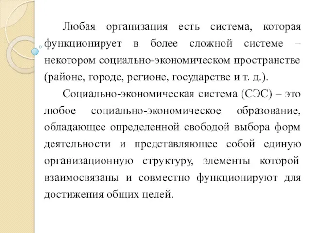 Любая организация есть система, которая функционирует в более сложной системе – некотором социально-экономическом