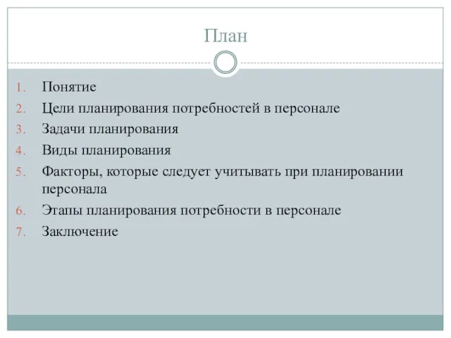 План Понятие Цели планирования потребностей в персонале Задачи планирования Виды