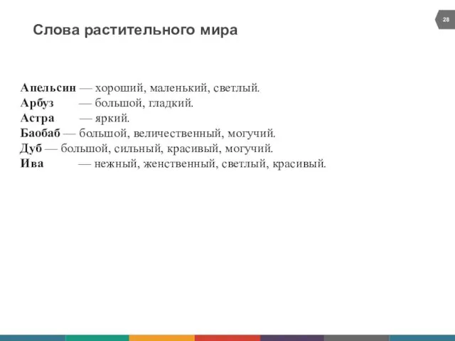 Слова растительного мира Апельсин — хороший, маленький, светлый. Арбуз —