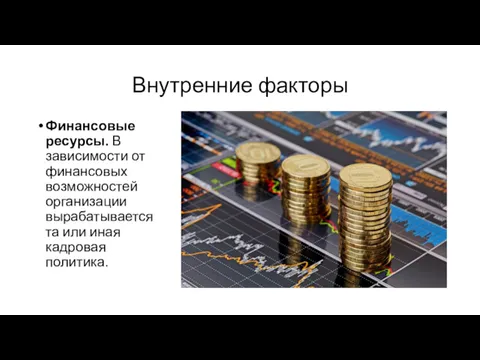 Внутренние факторы Финансовые ресурсы. В зависимости от финансовых возможностей организации вырабатывается та или иная кадровая политика.