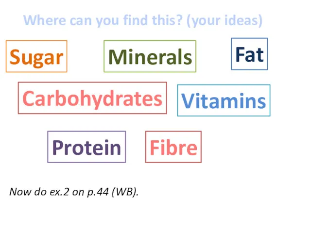 Carbohydrates Fat Sugar Minerals Protein Vitamins Fibre Where can you