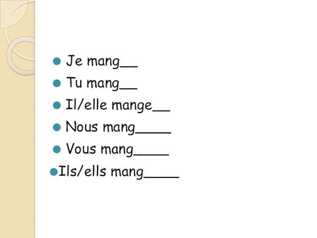 Je mang__ Tu mang__ Il/elle mange__ Nous mang____ Vous mang____ Ils/ells mang____